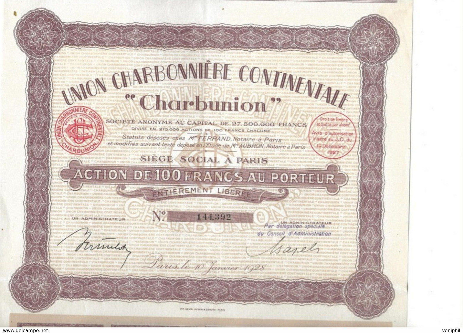 UNION CHARBONNIERE CONTINENTAL " CHARBUNION "   ANNEE 1928 - Mineral