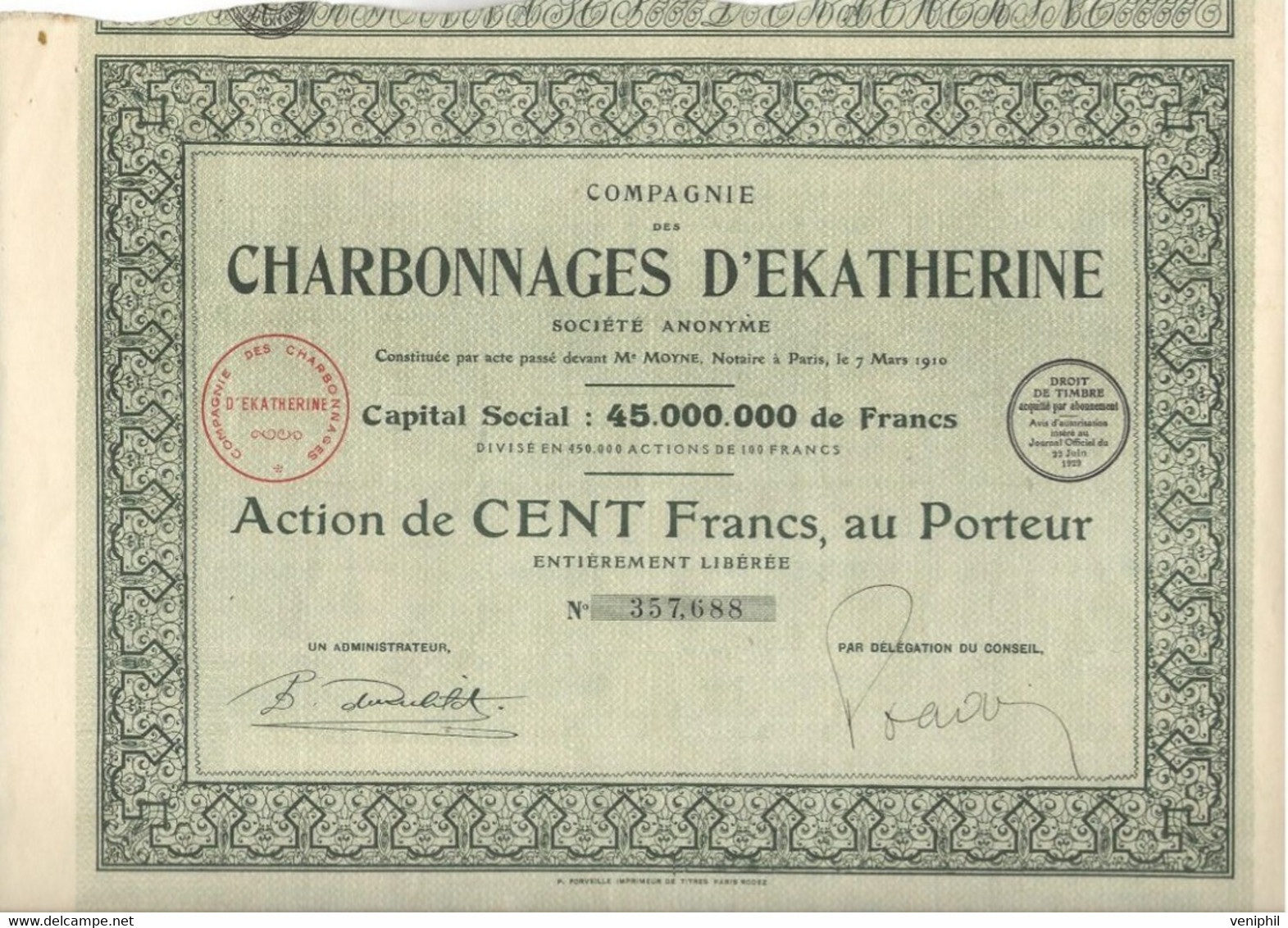 COMPAGNIE DES  CHARBONNAGES D'EKATHERINE ACTION DE CENT FRANCS  - ANNEE 1929 - Bergbau
