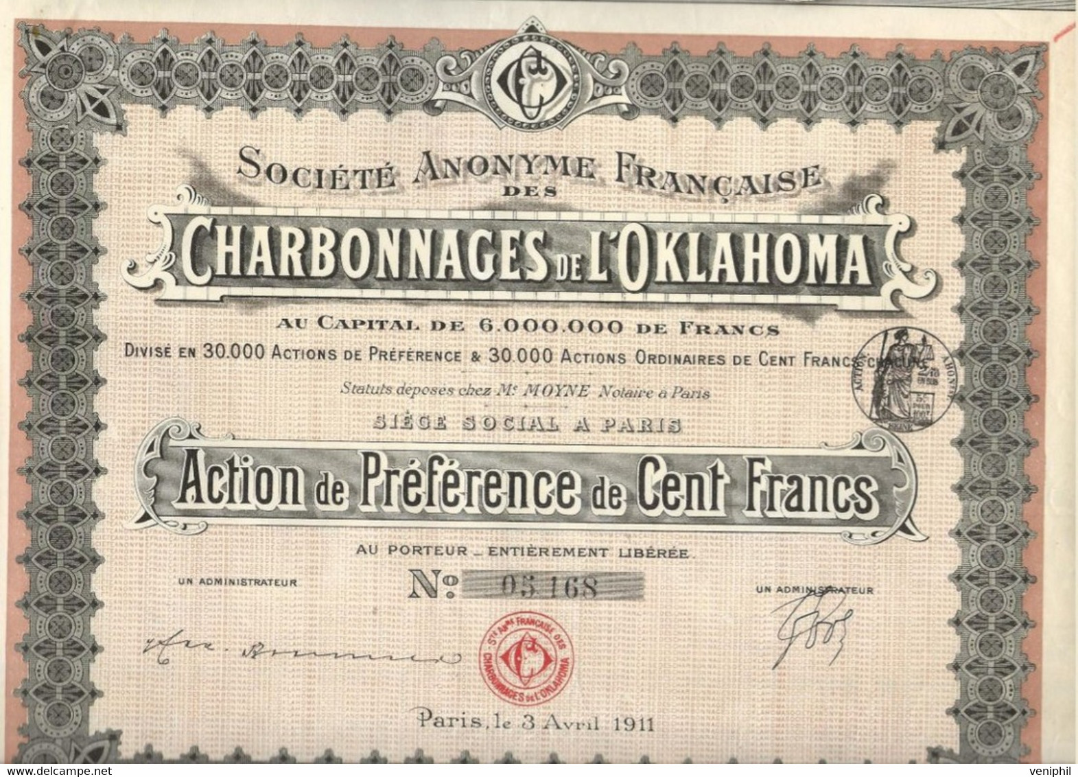 SOCIETE FRANCAISE DES CHARBONNAGES DE L'' OKLAHOMA  -- ACTION DE PREFERENCE DE CENT FRANCS - ANNEE 1911 - Miniere