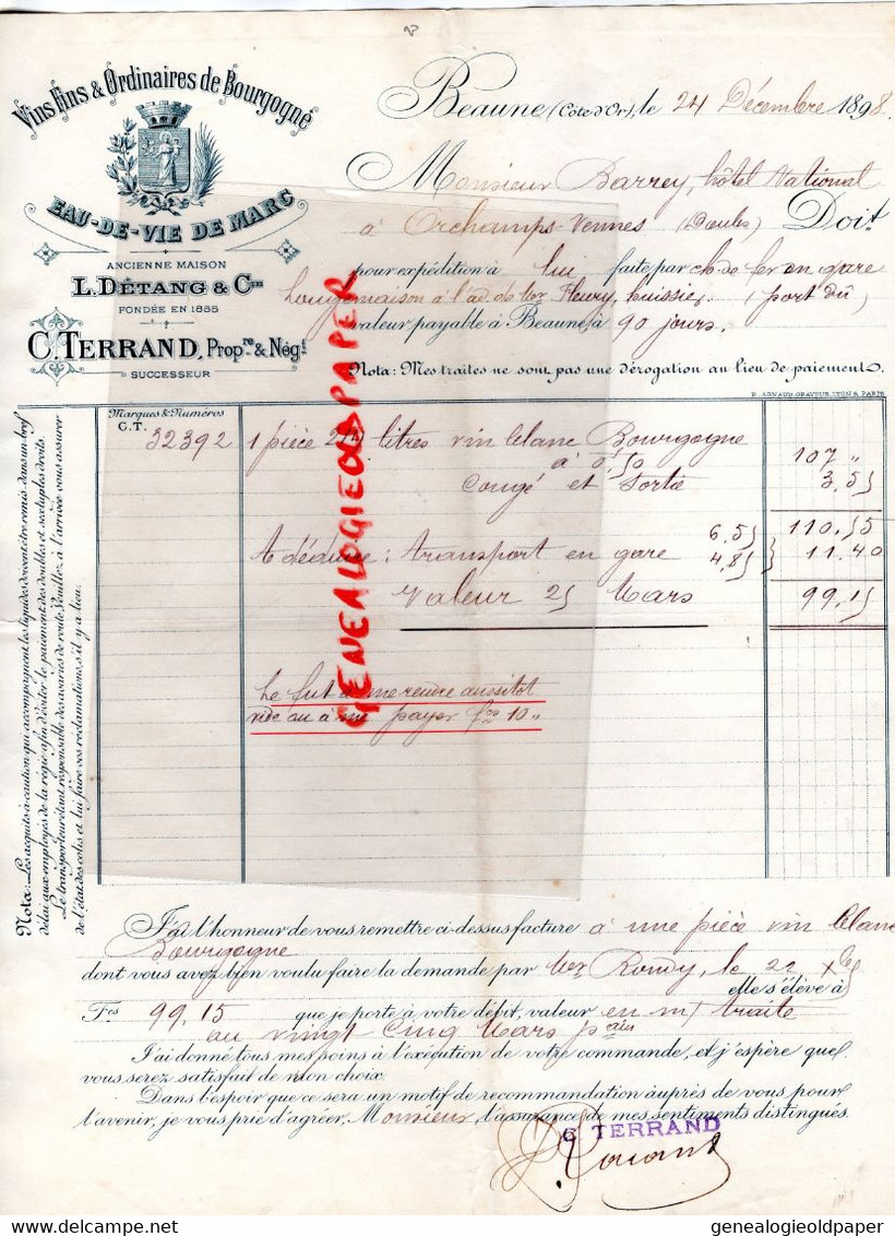 21-BEAUNE - RARE FACTURE 1898 L. DETANG- C.TERRAND-EAU DE VIE DE MARC-VINS-A M. BARREY HOTEL NATIONAL ORCHAMPS VENNES - Lebensmittel