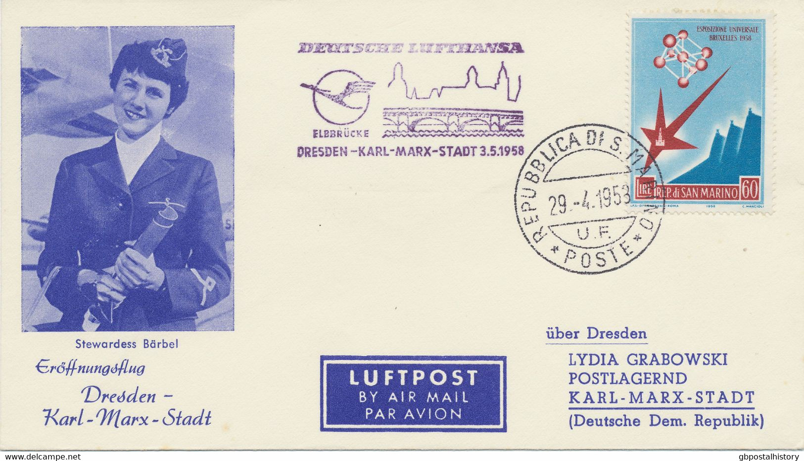 SAN MARINO 1958 Selt. Mitläuferpost Aus San Marino - Kab.-Erstflug Der Deutsche Lufthansa Ost (DDR) "DRESDEN - KARL-MARX - Luftpost