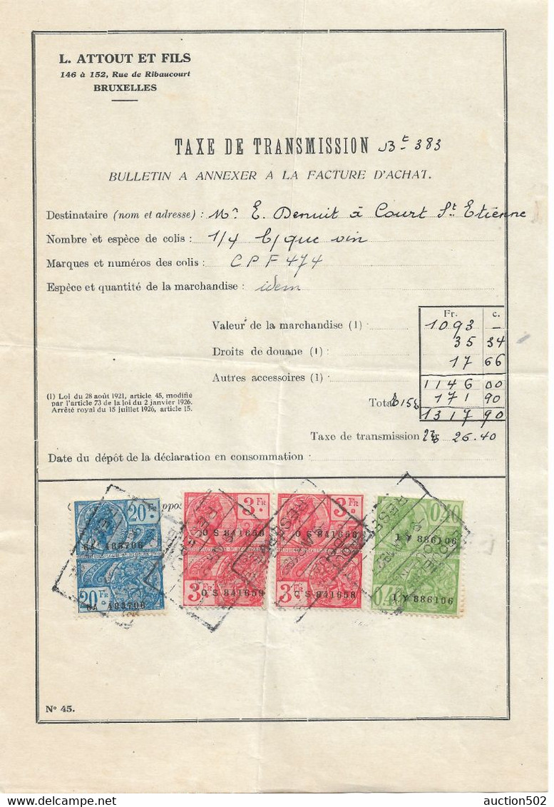 2564PR/Bulletin Taxe Transmission 1927 Attout & Fils Transport De Vins Bruxelles > Court St.Etienne TP Fiscaux 26,40 Frs - Transports