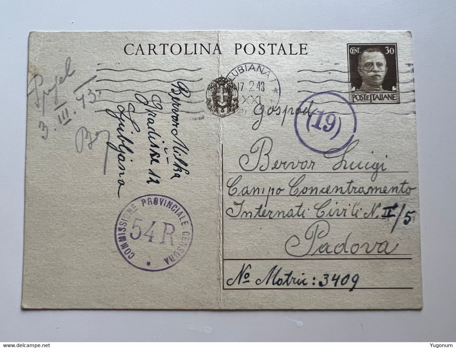 Slovenia Lubiana WWII 1943 Stationary Lubiana -> Internati Civili Padova With Censorship Stamps (No 1836) - Lubiana