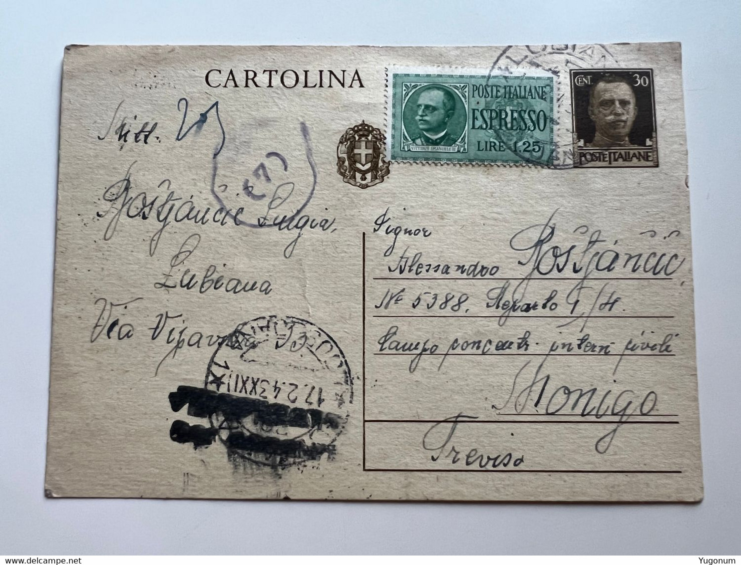 Slovenia Lubiana WWII 1943 Stationary Lubiana -> Concnetration Camp MONIGO Treviso (No 1837) - Ljubljana