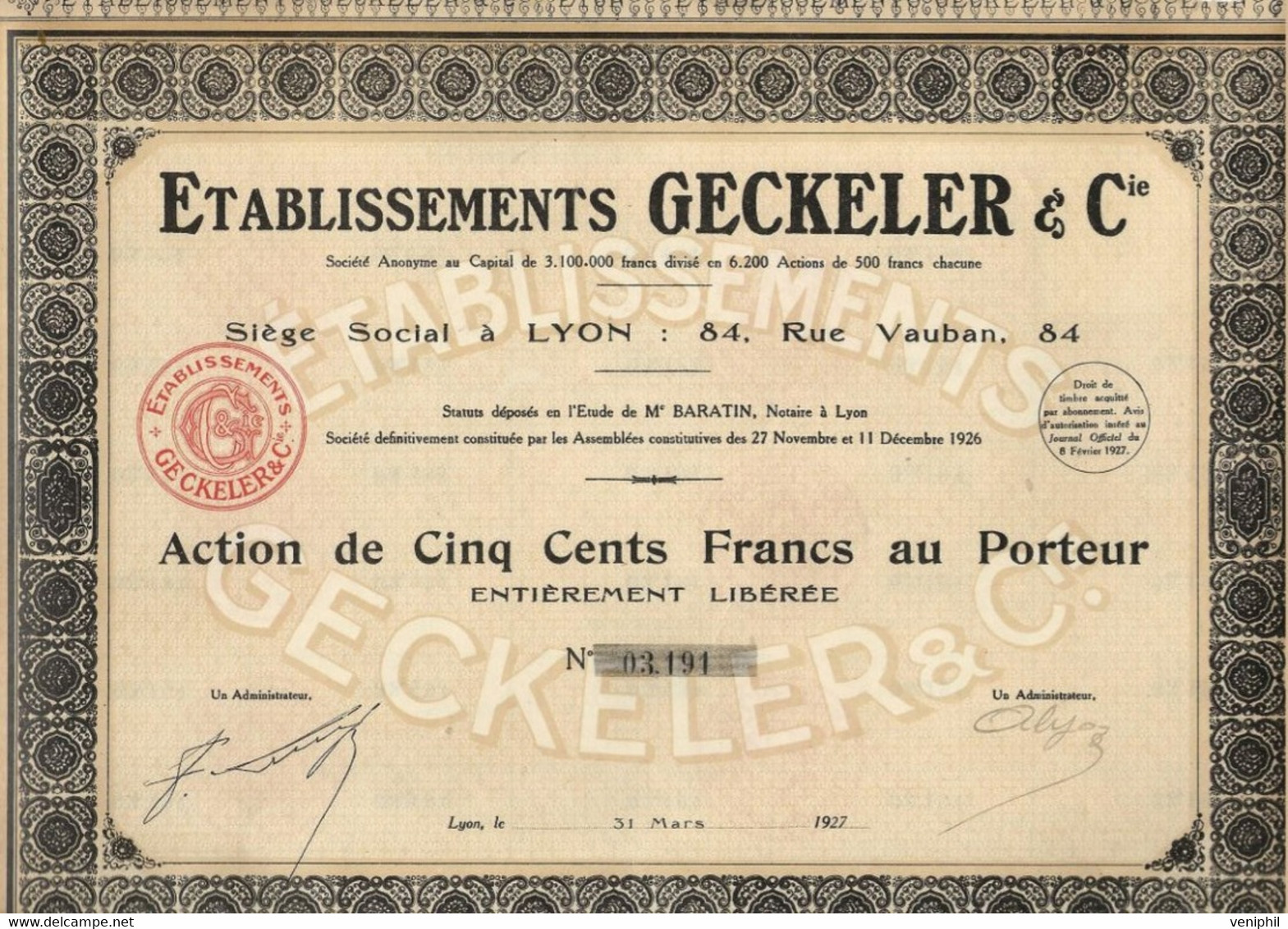 ETABLISSEMENTS  GECKELLER  LYON - ACTION DE 500 FRS -ANNEE 1927 - Altri & Non Classificati