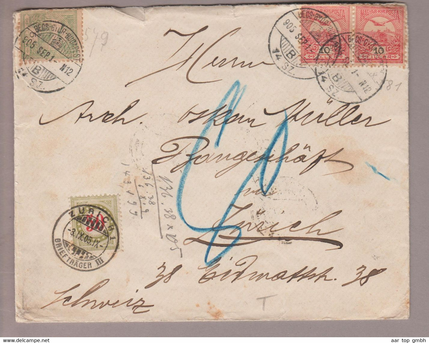 CH Porto 1905-09-03 Zürich1 Taxierter Brief Aus Budapest (Zürich1 Briefträger III) - Franchise