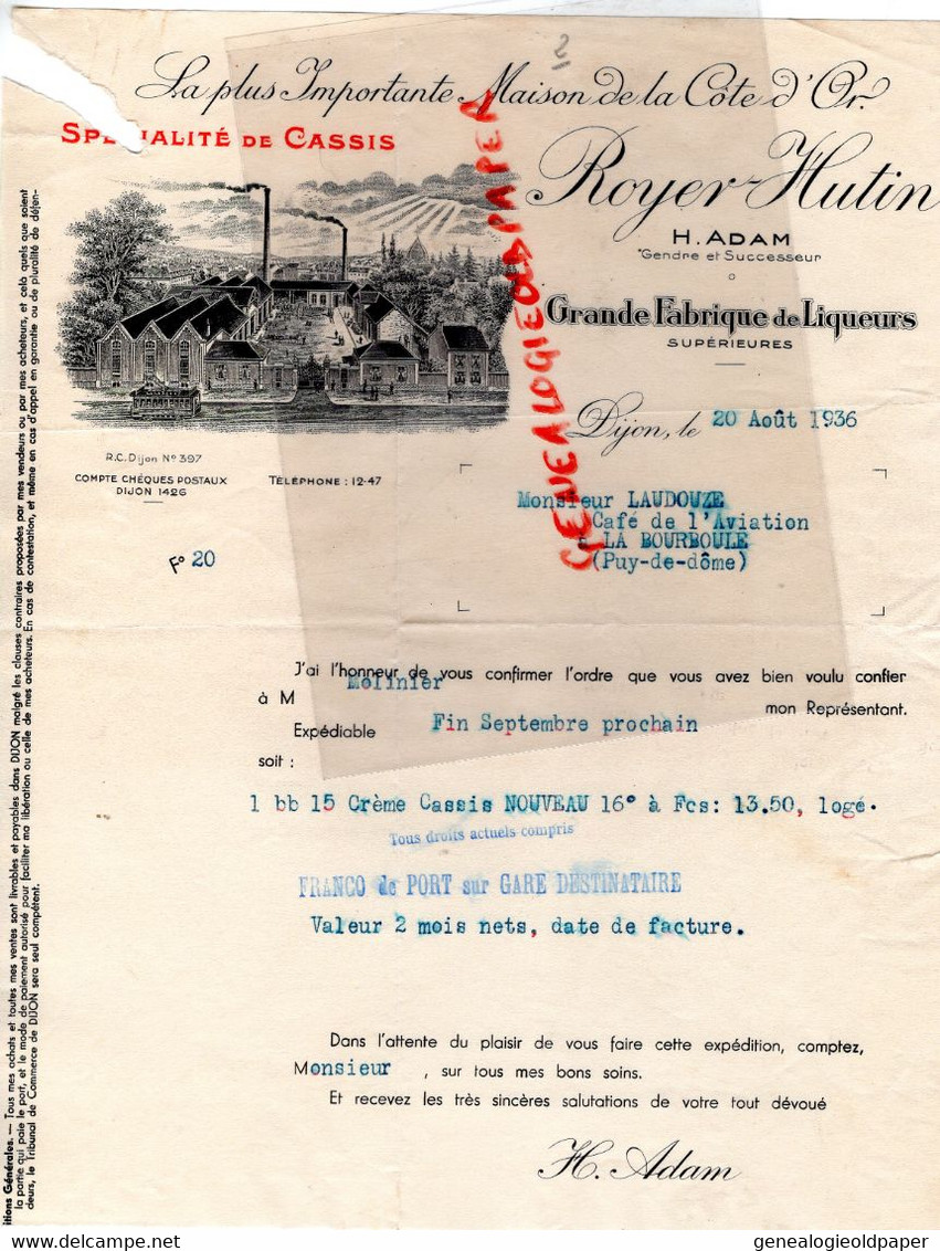 21-DIJON- FACTURE ROYER HUTIN- H. ADAM-CASSIS - M. LAUDOUZE CAFE DE L' AVIATION A LA BOURBOULE 1936 - Lebensmittel