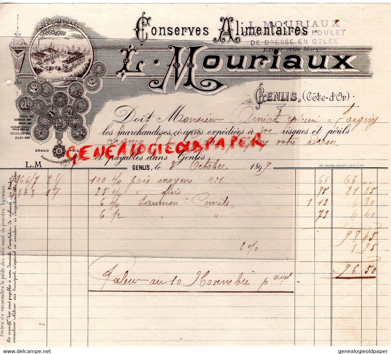 21- GENLIS- RARE FACTURE L. MOURIAUX-CONSERVES ALIMENTAIRES-MAGNAT DEBON- A M. AMIOT EPICERIE JOIGNY 1899 - Straßenhandel Und Kleingewerbe