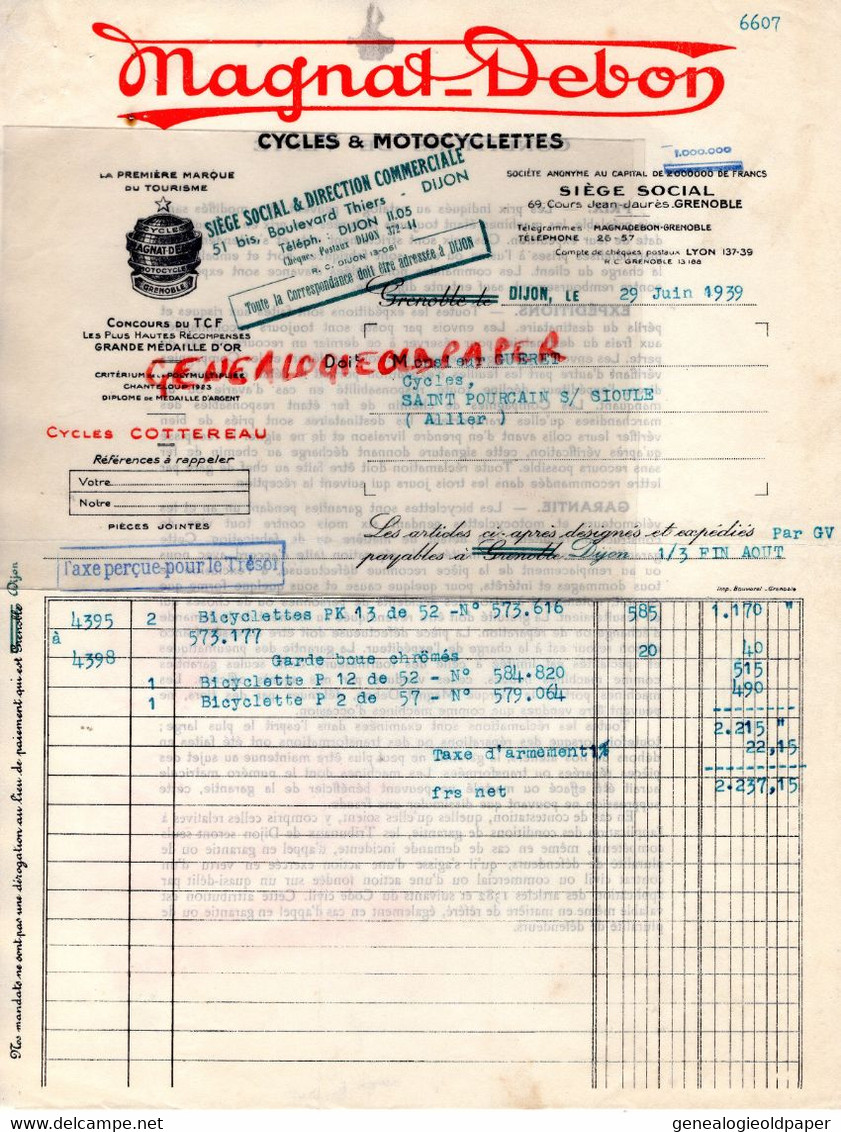 21- DIJON-GRENOBLE-FACTURE MAGNAT DEBON-CYCLESCOTTEREAU MOTO-51 BIS BD THIERS-A M. GUERET  ST SAINT POURCAIN SIUOLE-1938 - Straßenhandel Und Kleingewerbe