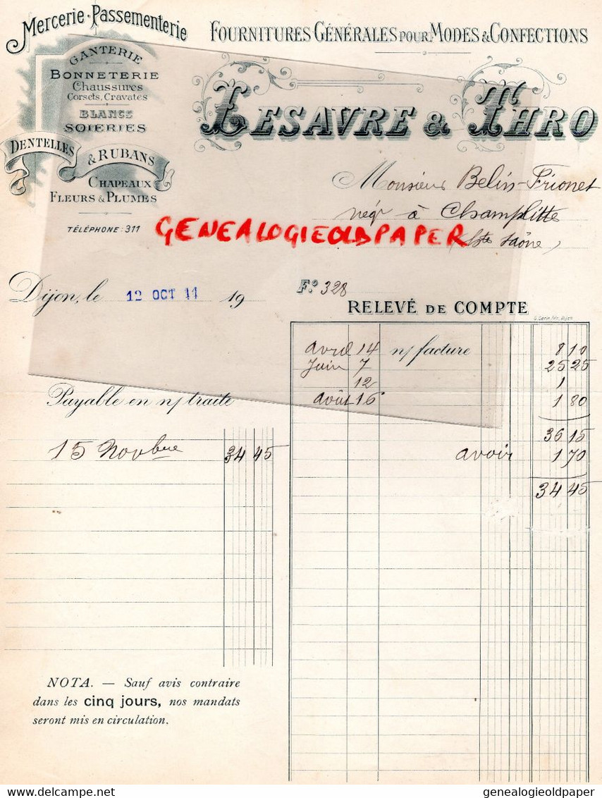 21- DIJON -FACTURE LESAVRE THRO- FOURNITURES MODES CONFECTIONE-MERCERIE PASSEMENTERIE-BELIN FRIONET CHAMPLITTE -1914 - Ambachten