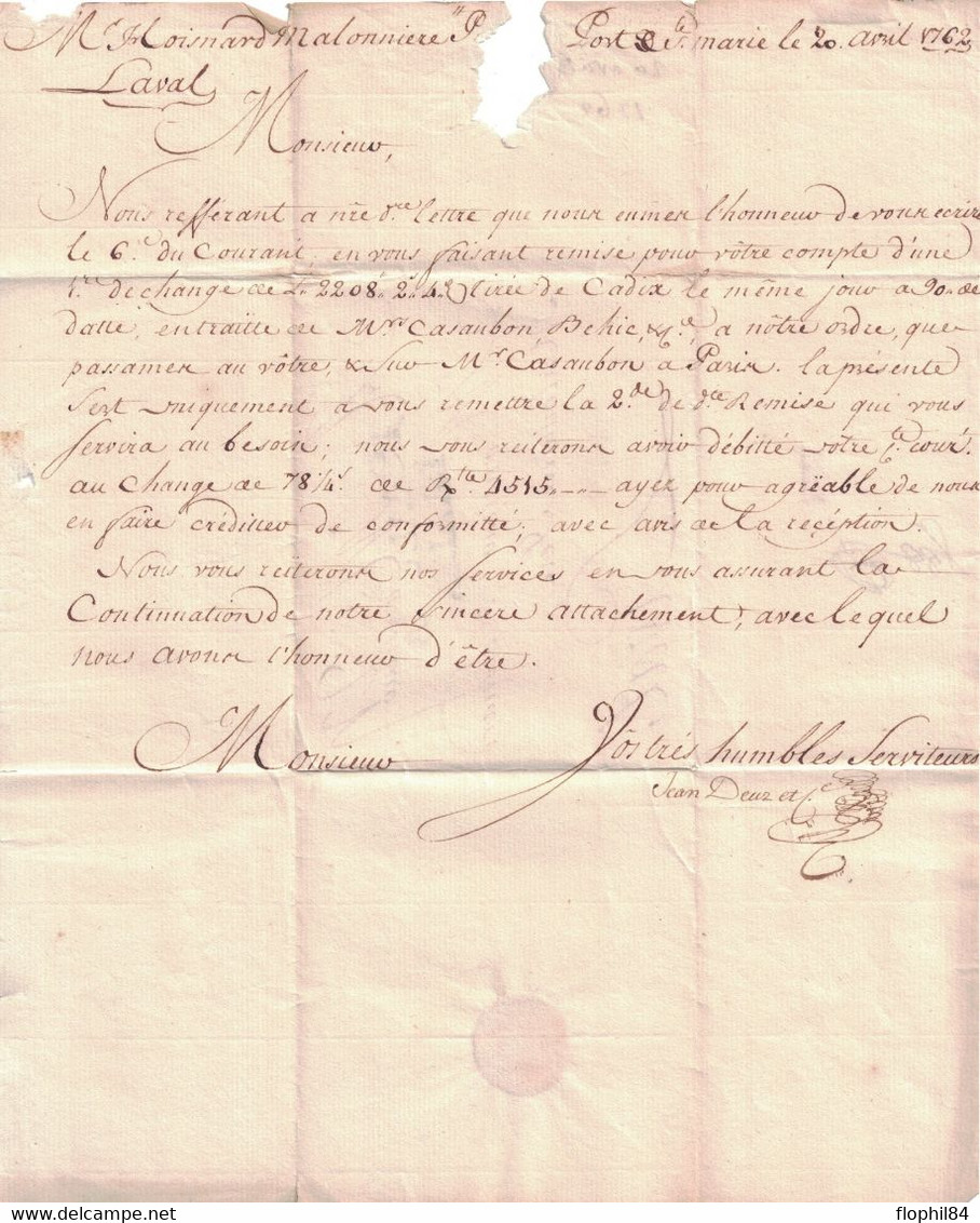 ESPAGNE - EL PUERTO DE SANTA MARIA - PROVINCE DE CADIX - LETTRE DU 20 AVRIL 1762 POUR LA FRANCE - GRIFFE ANDALUCIA LA AL - ...-1850 Vorphilatelie