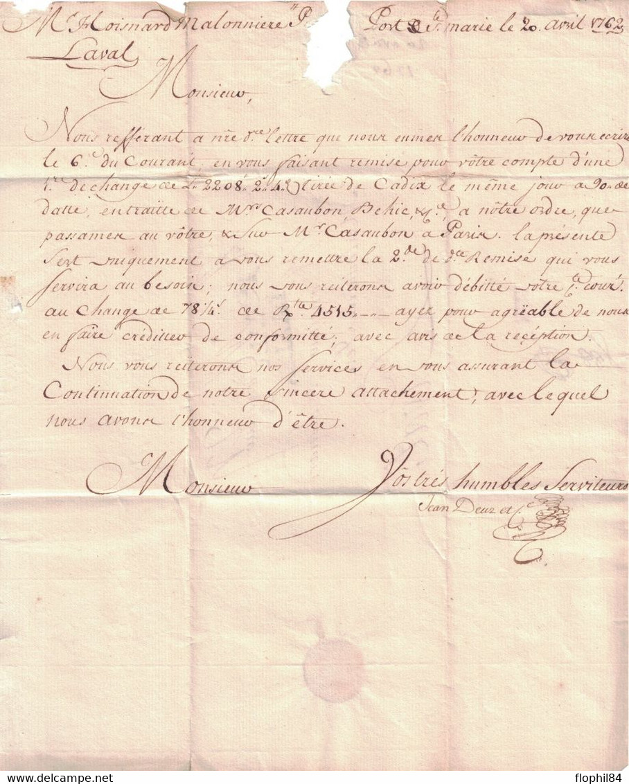ESPAGNE - EL PUERTO DE SANTA MARIA - PROVINCE DE CADIX - LETTRE DU 20 AVRIL 1762 POUR LA FRANCE - GRIFFE ANDALUCIA LA AL - ...-1850 Prefilatelia