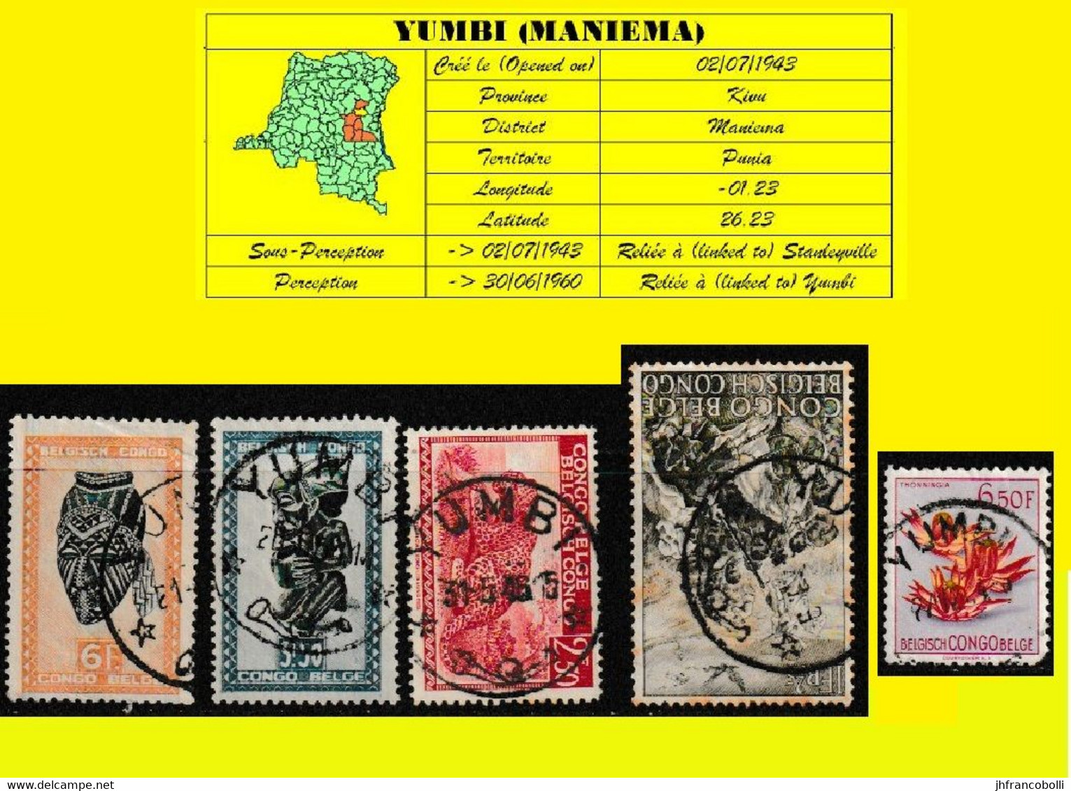 YUMBI BELGIAN CONGO / CONGO BELGE =  CANCELATION STUDY = 5 STAMPS 1942/1952 PERIOD  [F] - Plaatfouten En Curiosa