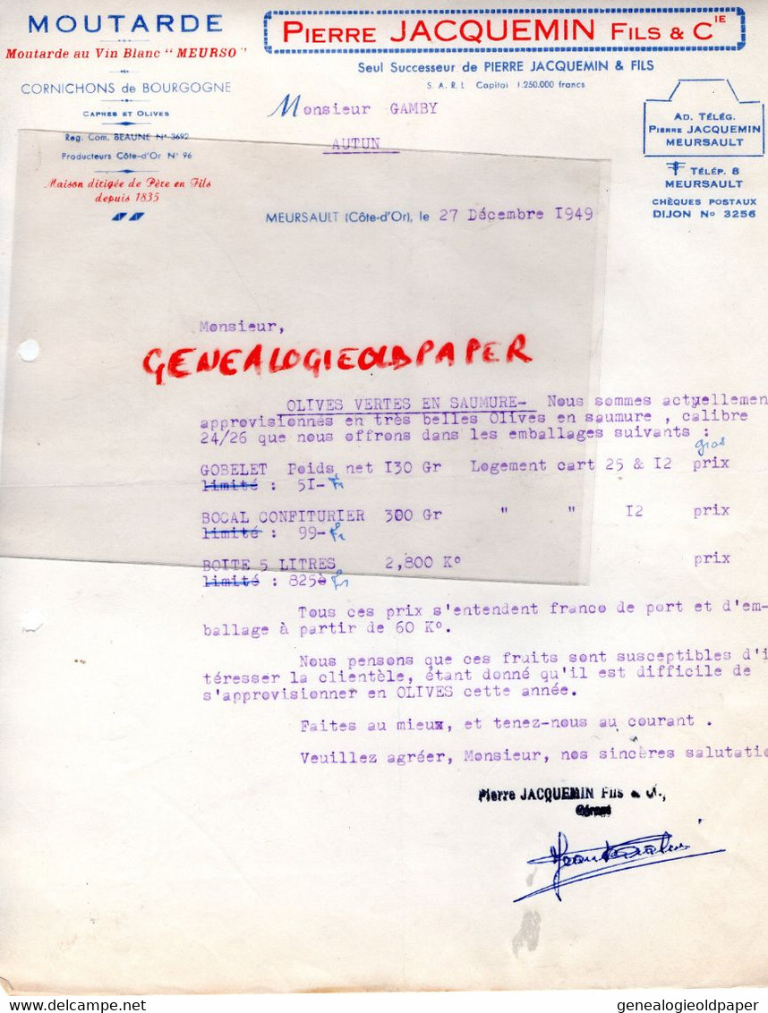 21- MEURSAULT- RARE LETTRE PIERRE JACQUEMIN FILS-MOUTARDE VIN BLANC MEURSO-CORNICHONS BOURGOGNE-1949 - Lebensmittel