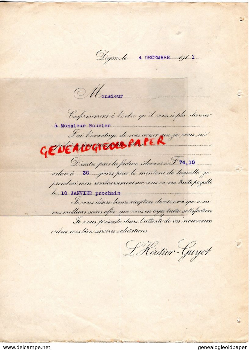 21- DIJON- FACTURE L' HERITIER GUYOT-BEAUNE - SAVIGNY -CASSIS-GEVREY CHAMBERTIN-CHAMBOLLE MUSIGNY -CLOS VOUGEOT-1911 - Lebensmittel