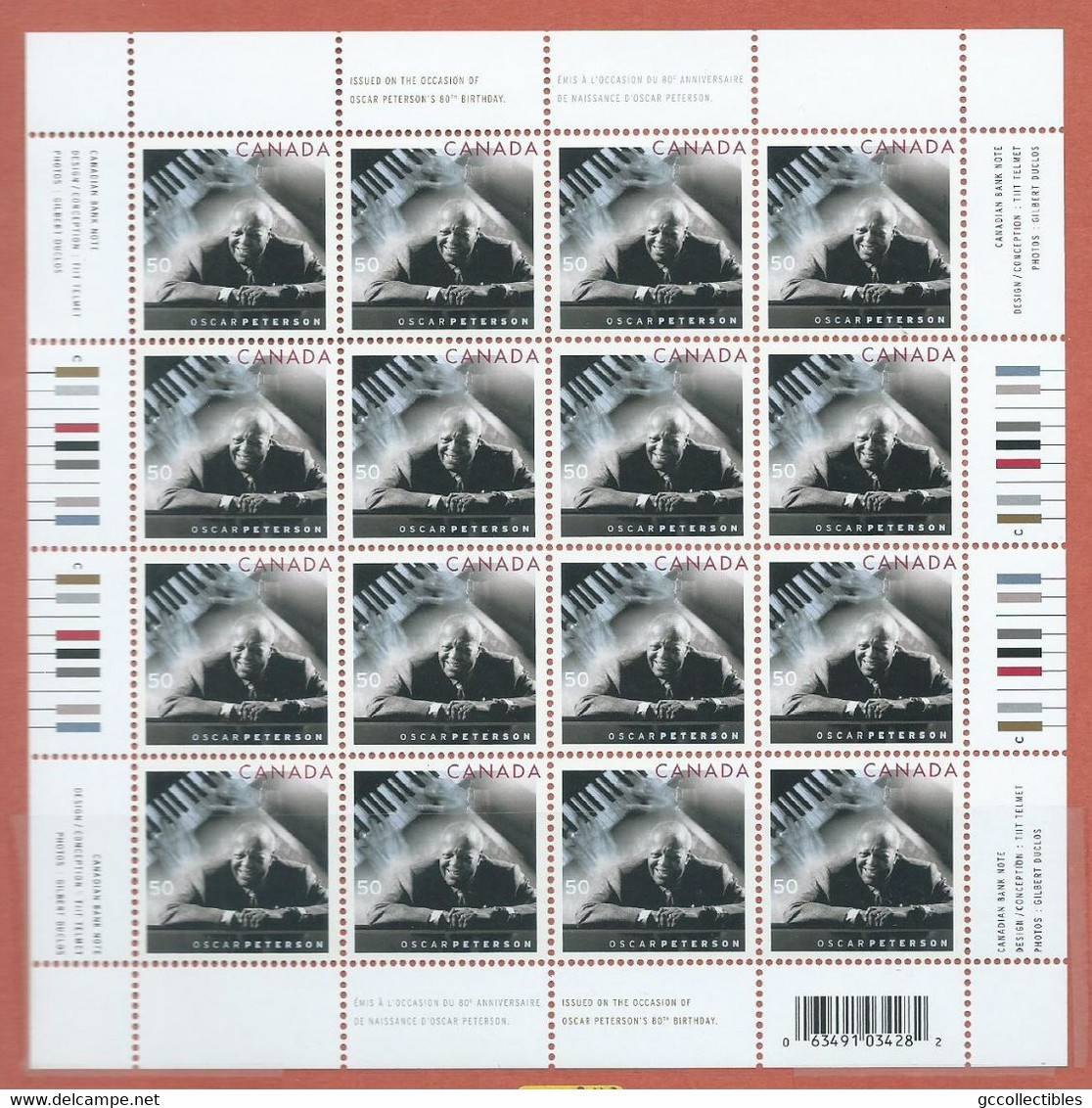 Canada # 2118 - Full Pane Of 16 MNH - Oscar Peterson - Fogli Completi