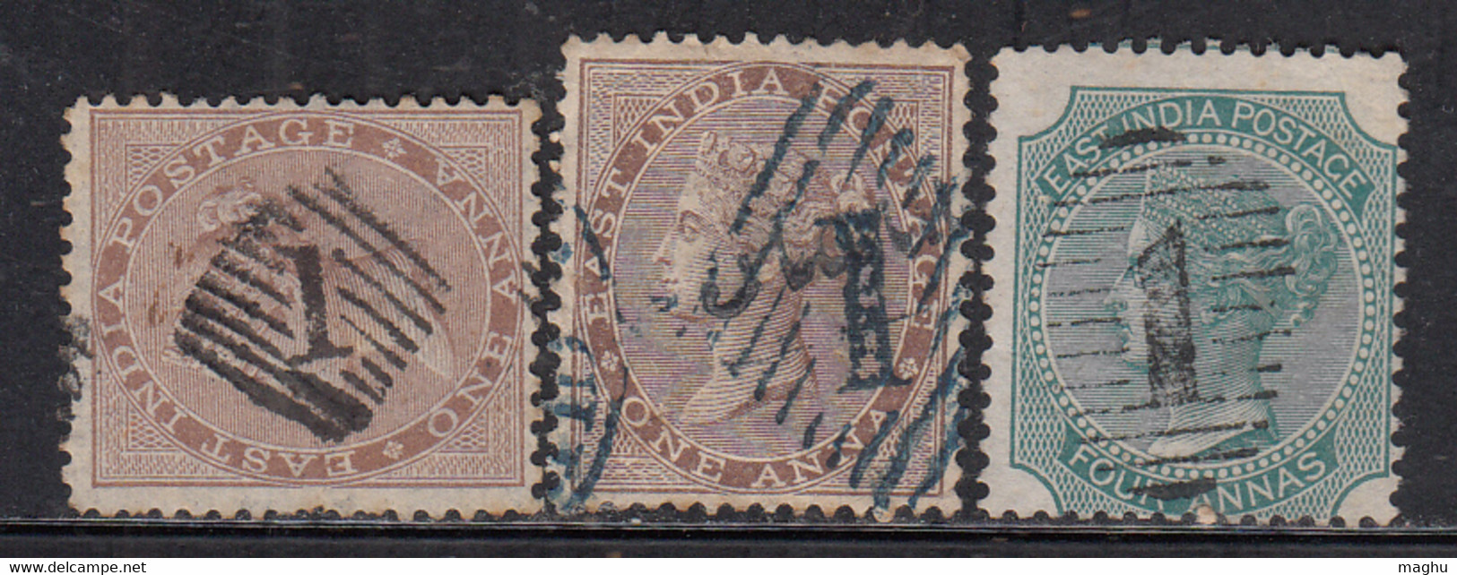 3 Diff., Varities Of Bombay, Local, Cooper / Renouf Type 4 & 15 , British East India Used, Early Indian Cancellations - 1854 Britse Indische Compagnie