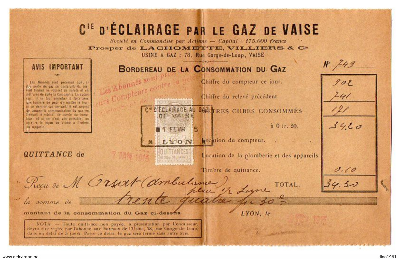 VP21.010 - Guerre 14/18 - 28 Reçus De La Cie D'Eclairage Par Le Gaz De VAISE ( LYON ) - Ambulance ORSAT à LA DEMI - LUNE - Electricity & Gas