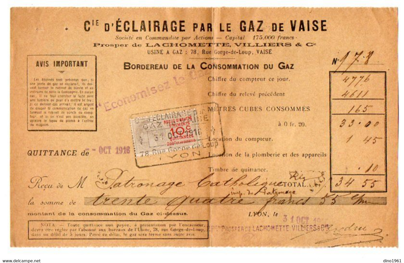 VP21.010 - Guerre 14/18 - 28 Reçus De La Cie D'Eclairage Par Le Gaz De VAISE ( LYON ) - Ambulance ORSAT à LA DEMI - LUNE - Elektriciteit En Gas