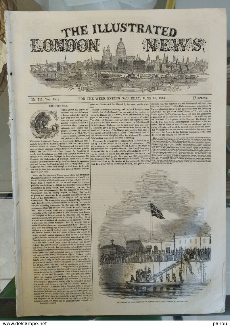 THE ILLUSTRATED LONDON NEWS 111, JUNE 15, 1844. RUSSIA. TETOUAN MOROCCO MAROC. DUBLIN. DEVONSHIRE. CHELSEA. OPERA - Andere & Zonder Classificatie