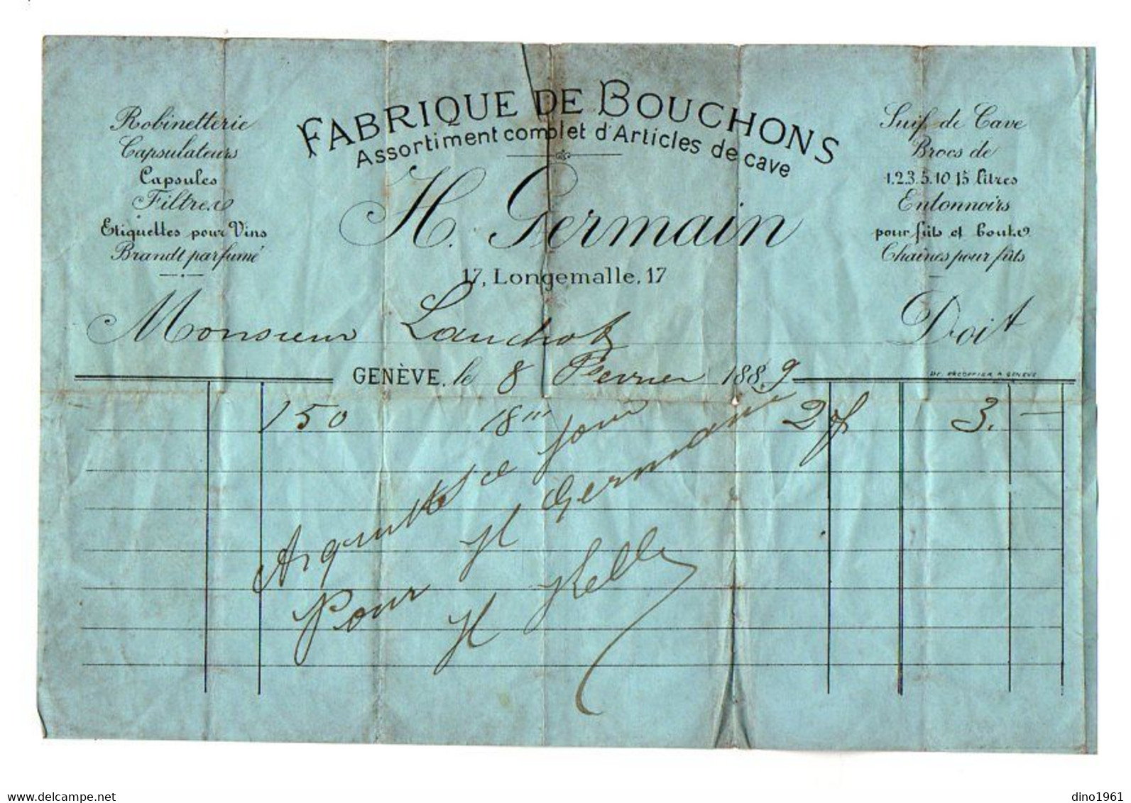 VP21.016 - 1889 - Facture - Fabrique De Bouchons H. GERMAIN à GENEVE - Suisse