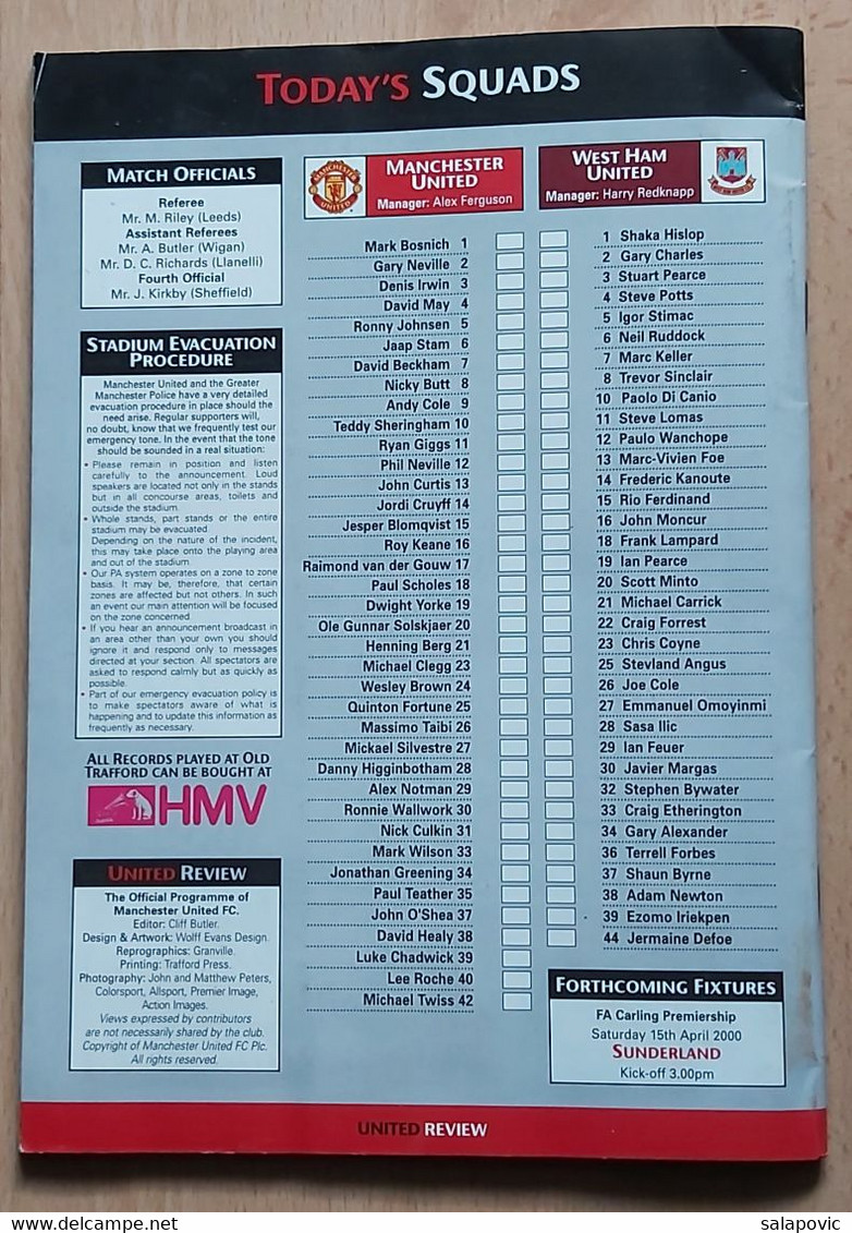 Manchester United Vs West Ham United 1. April 2000  Football Match Program - Boeken