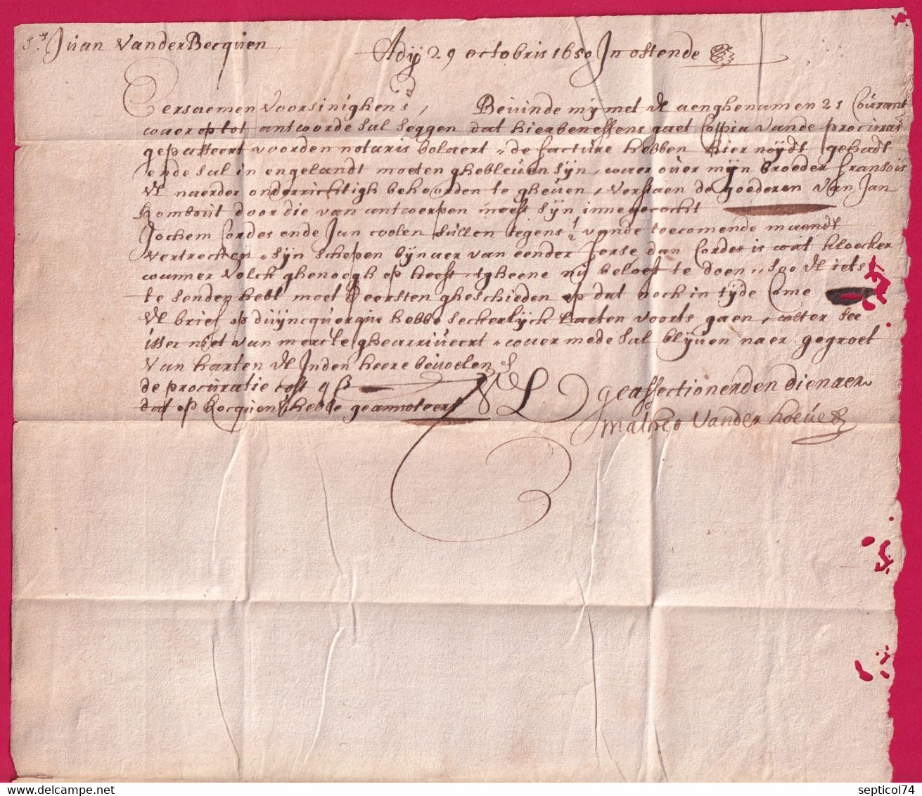 LETTRE DE 1650 TAXE ESPAGNOLE IIII OSTENDE BELGIQUE POUR ANVERS LETTRE COVER - 1621-1713 (Paesi Bassi Spagnoli)