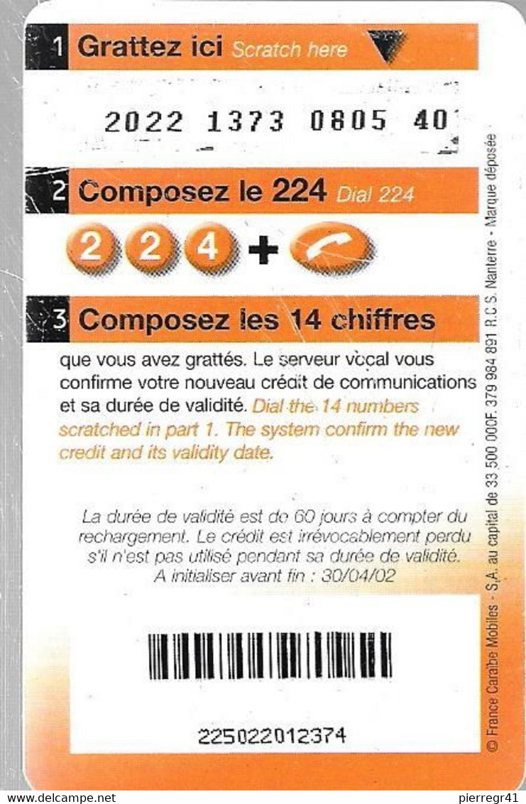 CARTE -GSM-FRANCE CARAIBES-ORANGE-70-Date 30/04/02-POISSON-Plastic Fin Glacé-Gratté-TBE - Schmetterlinge