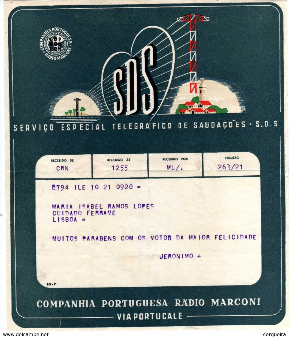 Telegrama Radio MARCONI-VIA PORTUCALE - Usati