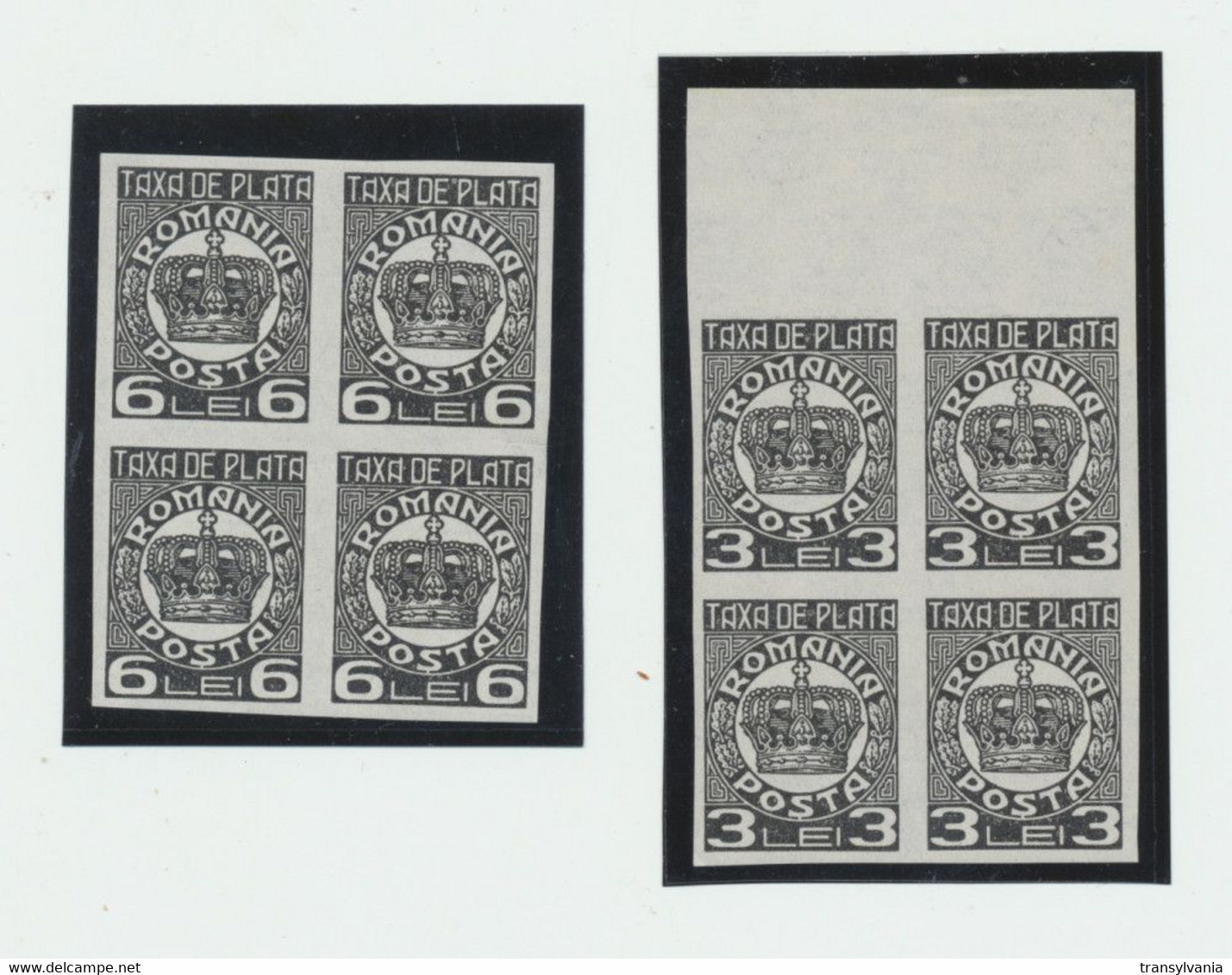 Romania 1931 Postage Due Set Of Two Stamps, Imperforates 3 Lei & 6 Lei In MNH Blocks Of 4 - Errors, Freaks & Oddities (EFO)