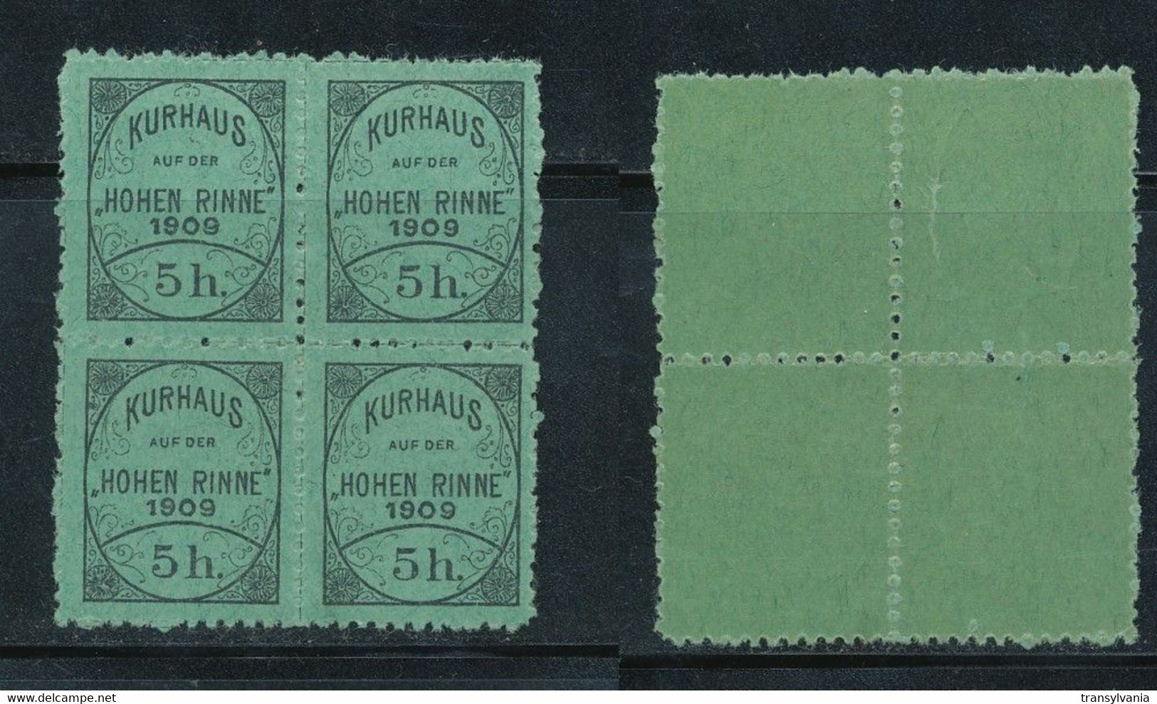 Hungary Romania 1909 Hohe Rinne Paltinis Transylvania Hotel Post Stamp 5 Heller In Block Of 4 MNH - Emissions Locales