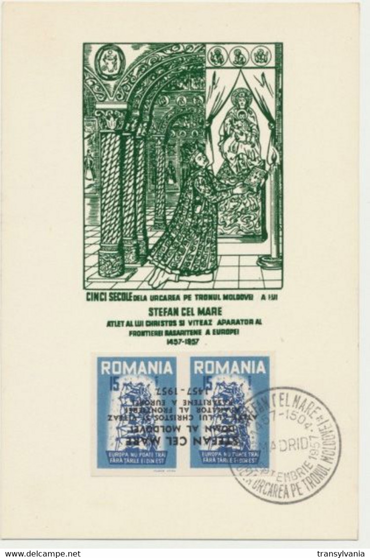 Romania Exile 1957 Stephen The Great Error Pair With Inverted Overprint Used On Maximum Card With Special Cancellation - Abarten Und Kuriositäten