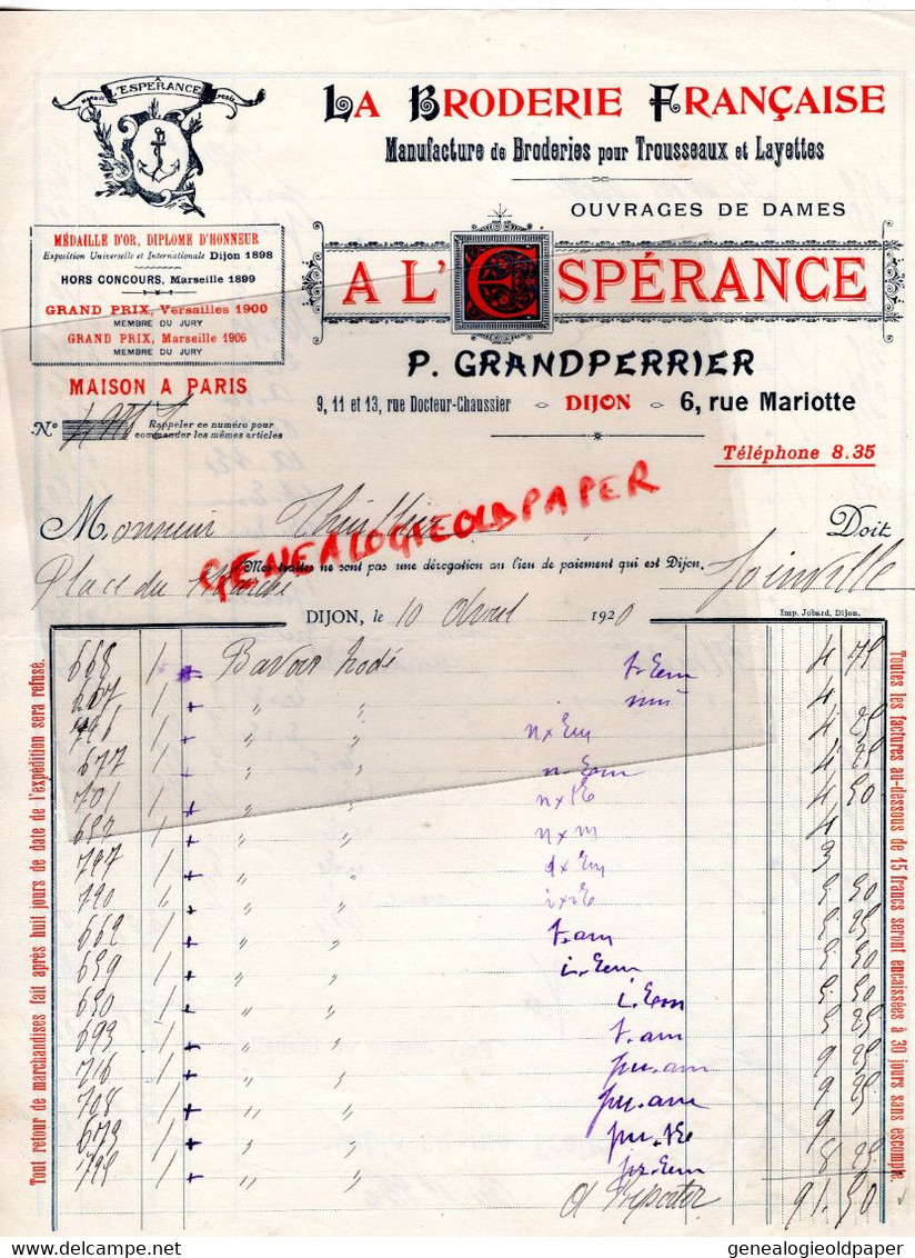 21- DIJON- PARIS- FACTURE LA BRODERIE FRANCAISE- A L' ESPERANCE- P. GRANDPERRIER- 9 RUE DOCTEUR CHAUSSIER- 1920 - Food