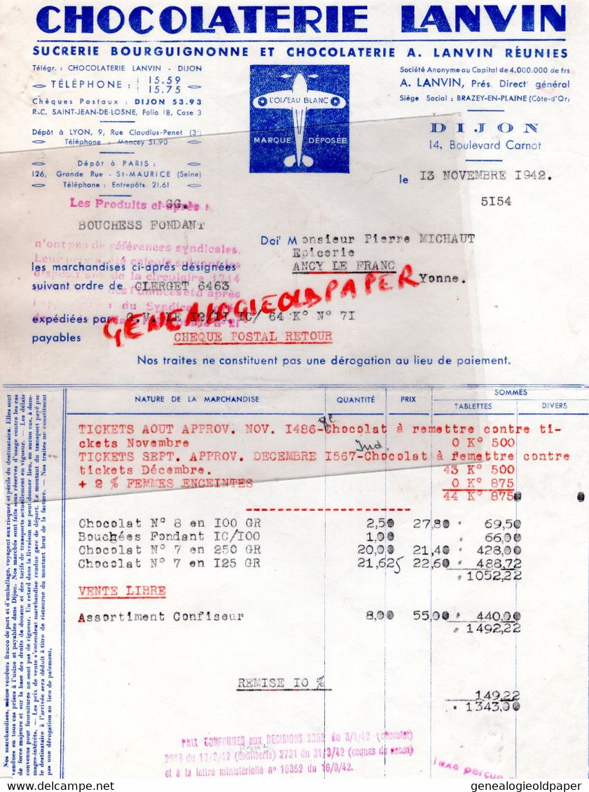 21- BRAZEY EN PLAINE- DIJON- FACTURE CHOCOLATERIE LANVIN- CHOCOLAT L' OISEAU BLANC- AVION AVIATION-1942-ANCY LE FRANC - Lebensmittel