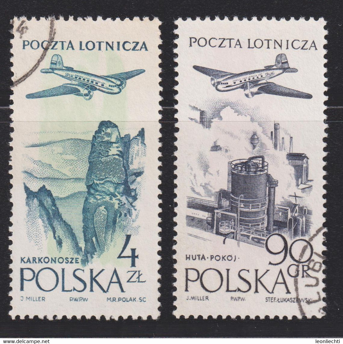 1957 Polen / Polska. Flugpost, Mi: PL 1035+1039° / Y&T: PL PA 41+45°, Stahlwerk + Karkonosze Gebirge - Usados