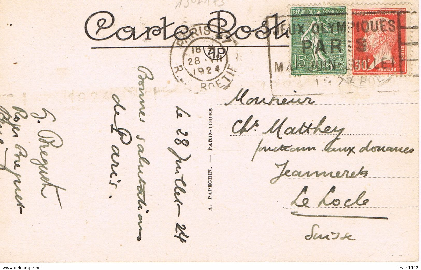 MARQUE POSTALE -  JEUX OLYMPIQUES 1924 - RUE DE LA BOETIE - 28-07-1924 - AFFRANCHISSEMENT 45 Cts - - Ete 1924: Paris