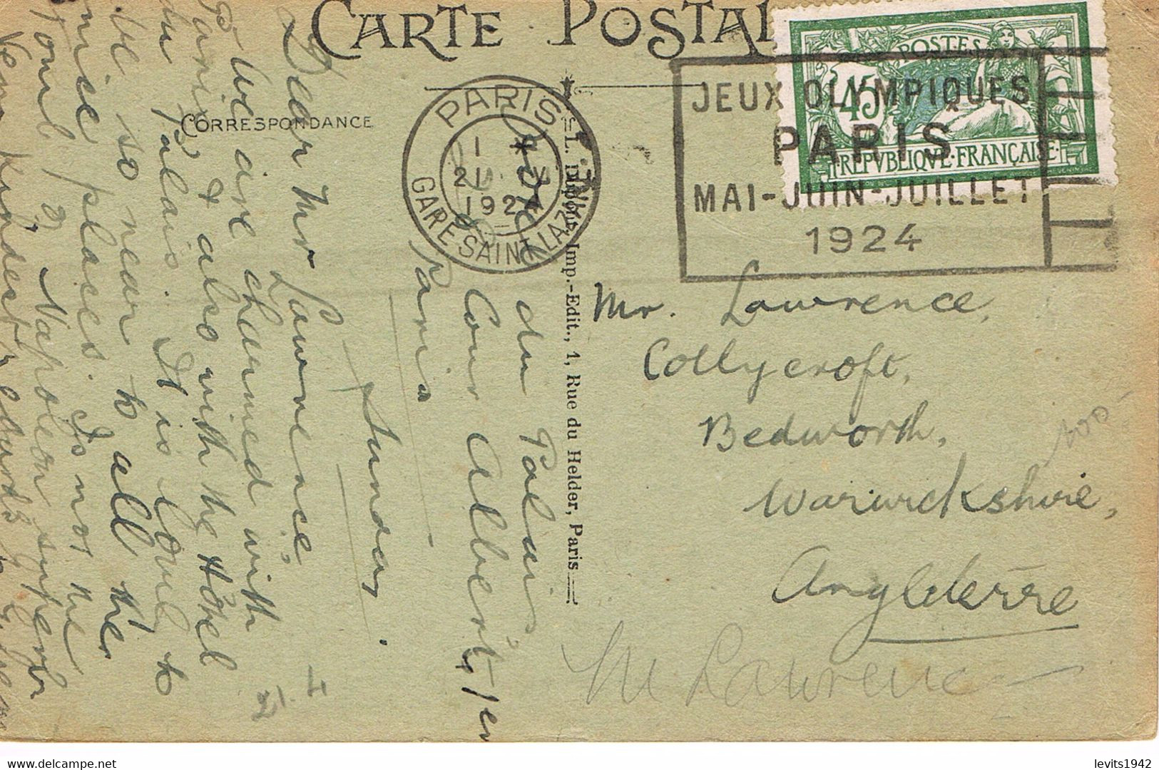 MARQUE POSTALE -  JEUX OLYMPIQUES 1924 - GARE ST LAZARE - 21-04-1924 - AFFRANCHISSEMENT 45 Cts - - Sommer 1924: Paris