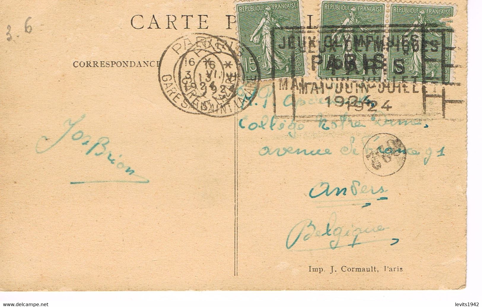 MARQUE POSTALE -  JEUX OLYMPIQUES 1924 - GARE ST LAZARE - 03-06-1924 - AFFRANCHISSEMENT 45 Cts - - Ete 1924: Paris