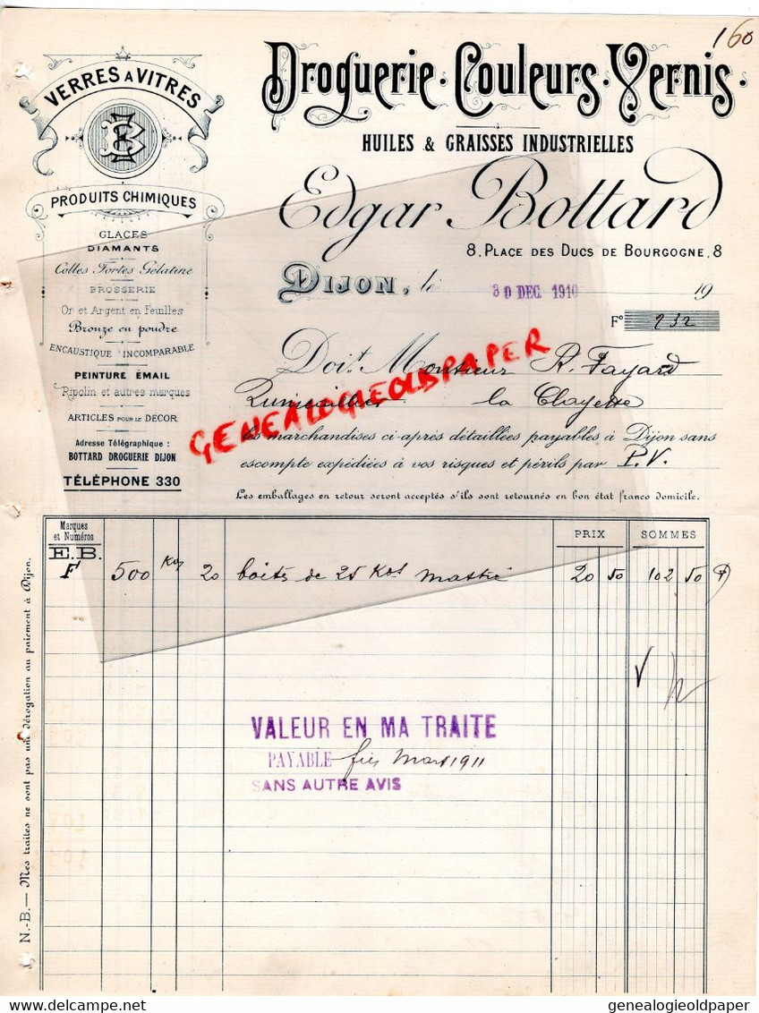 21- DIJON- FACTURE EDGAR BOTTARD-DROGUERIE VERNIS-HUILES-8 PLACE DUCS BOURGOGNE-1910- FAYARD QUINCAILLIER LA CLAYETTE - Droguerie & Parfumerie