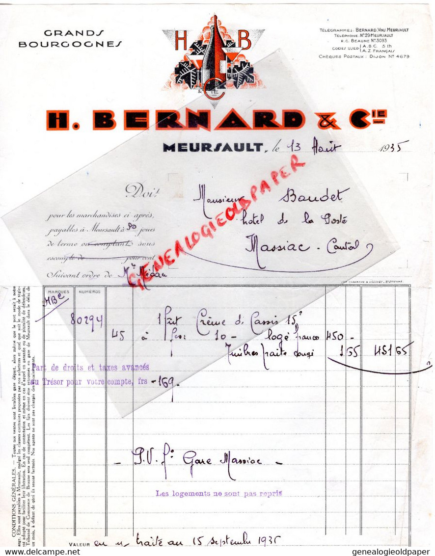 21- MEURSAULT - RARE FACTURE H. BERNARD -HBC-GRANDS BOURGOGNES-BOURGOGNE -BAUDET HOTEL DE LA POSTE A MASSIAC-15 CANTAL - Lebensmittel