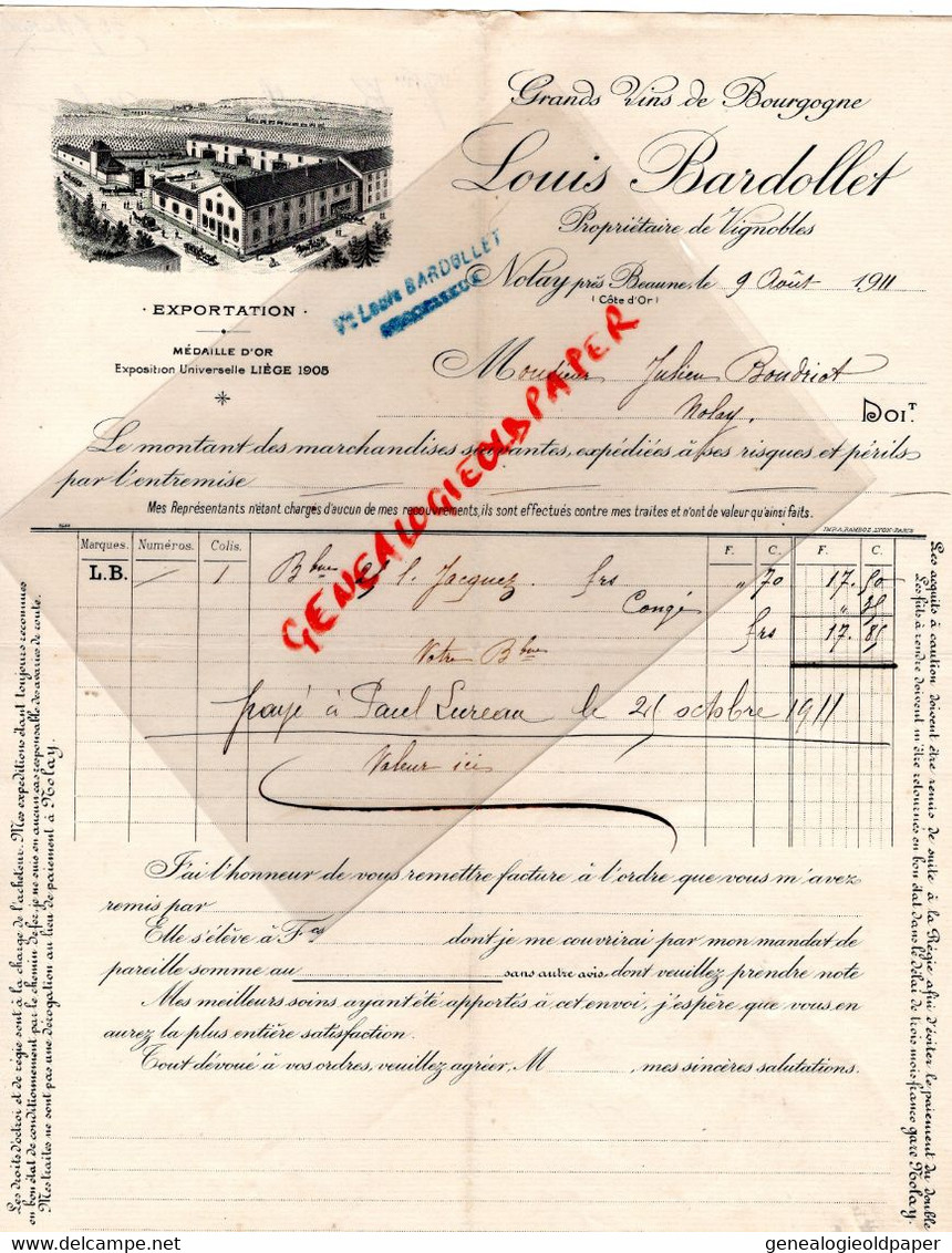 21- NOLAY PRES BEAUNE- RARE LETTRE LOUIS BARDOLLET-VINS BOURGOGNE-A JULIEN BOUDRIOT -1911 - Lebensmittel