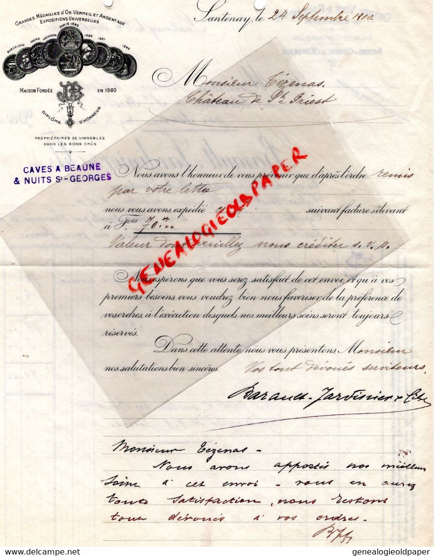 21- SANTENAY- BEAUNE-DOUBLE LETTRE BARAULT JARDINIER FILS- VINS BOURGOGNE-LEONCE TEZENAS CHATEAU ST PRIEST ISSOIRE-1900 - Lebensmittel