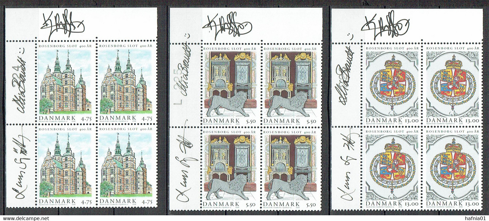 Lars Sjööblom. Denmark 2006. 400 Anniv. Rosenborg Castle. Michel 1428-1430. Plate Blocks MNH. Signed. - Blocchi & Foglietti