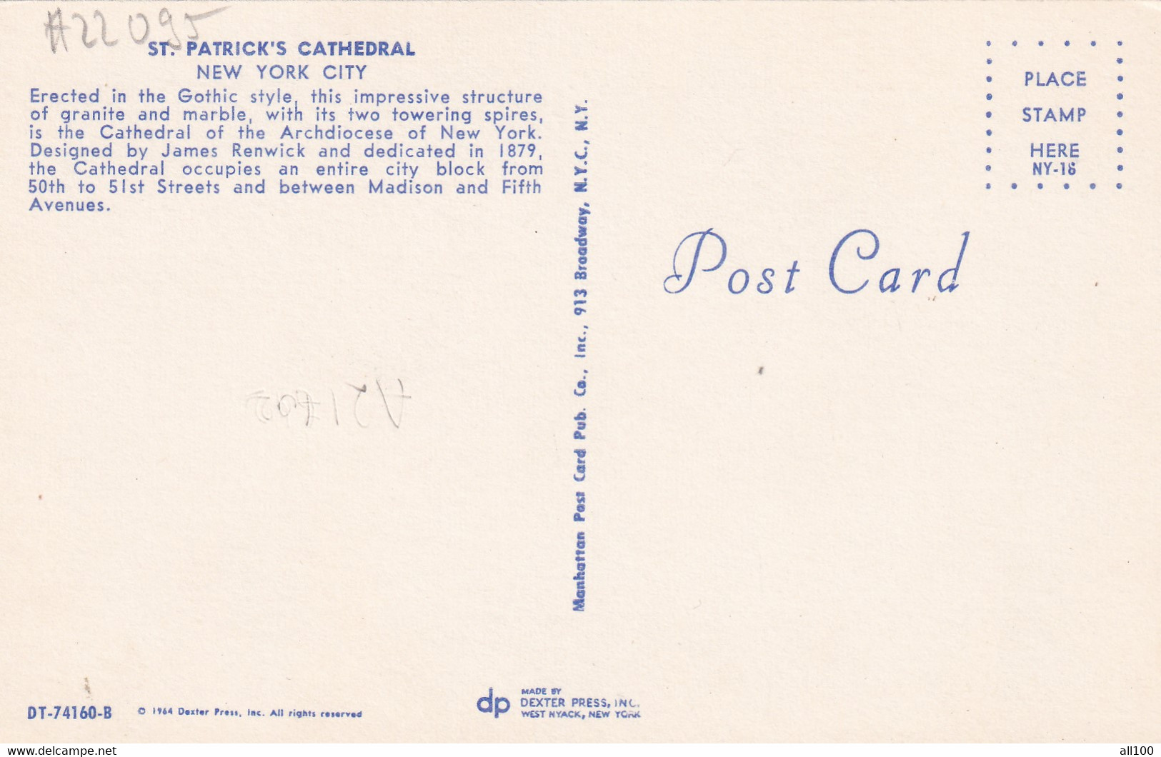 A22095 - St Patrick's Cathedral New York City United States Of America USA Post Card Unused Vintage Taxi - Églises