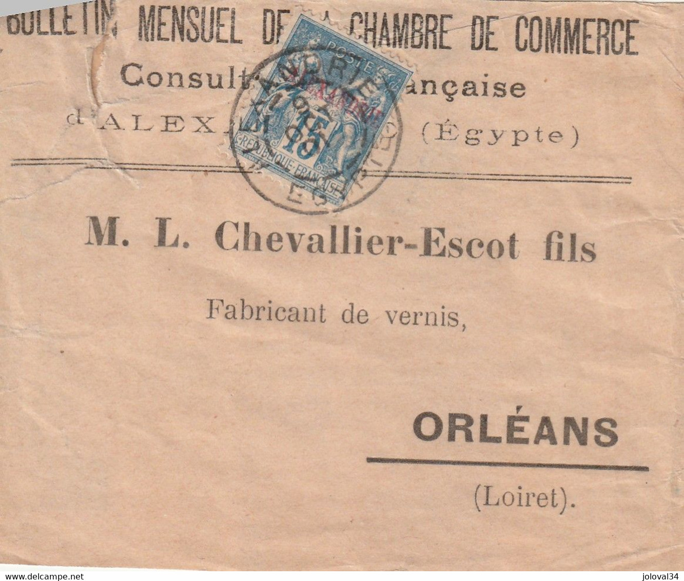 Alexandrie Yvert 9 15c Sage Surchargé Sur Bande Journal Chambre De Commerce 9/10/1901 Pour Orléans Loiret - Storia Postale