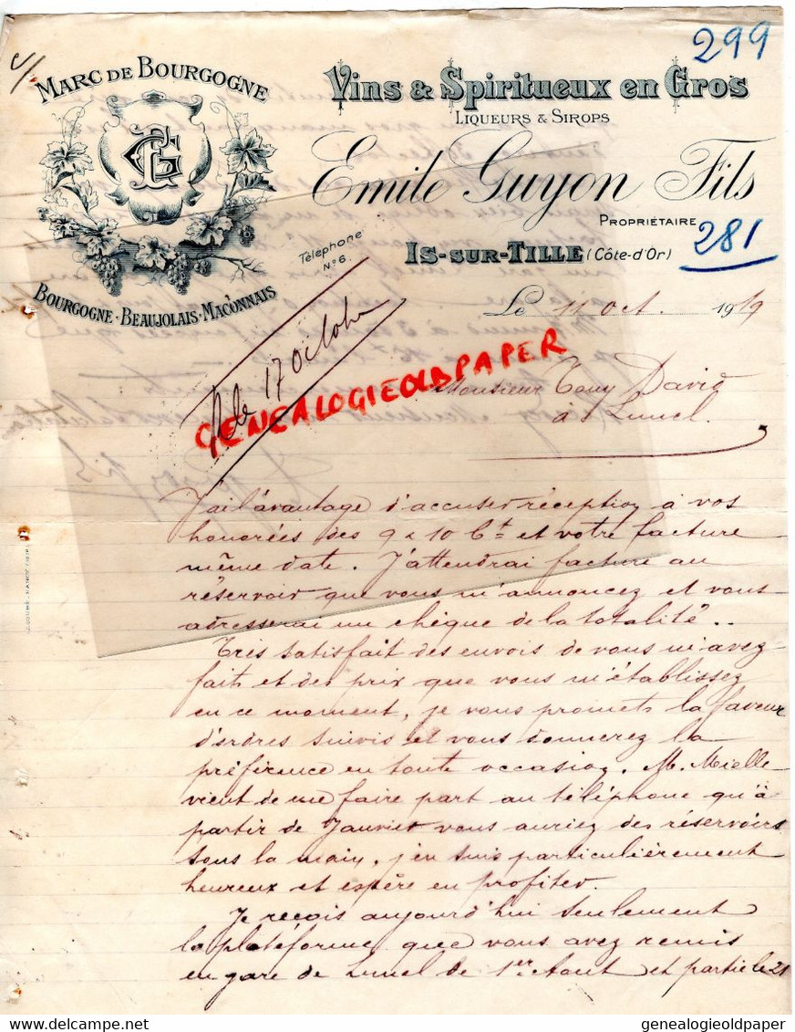 21- IS SUR TILLE - RARE LETTRE MANUSCRITE EMILE GUYON FILS- MARC DE BOURGOGNE-VINS- A TONY DAVID LUNEL 34-  1919 - Lebensmittel