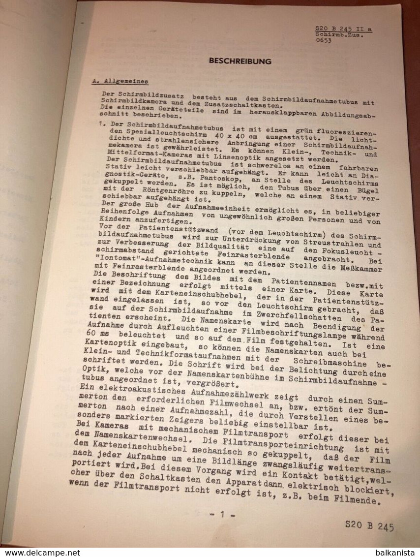 Siemens X-Ray Radiology - Schirmbild-Zusatz Gebrauchs-Anleitung 1950's Booklet - Máquinas