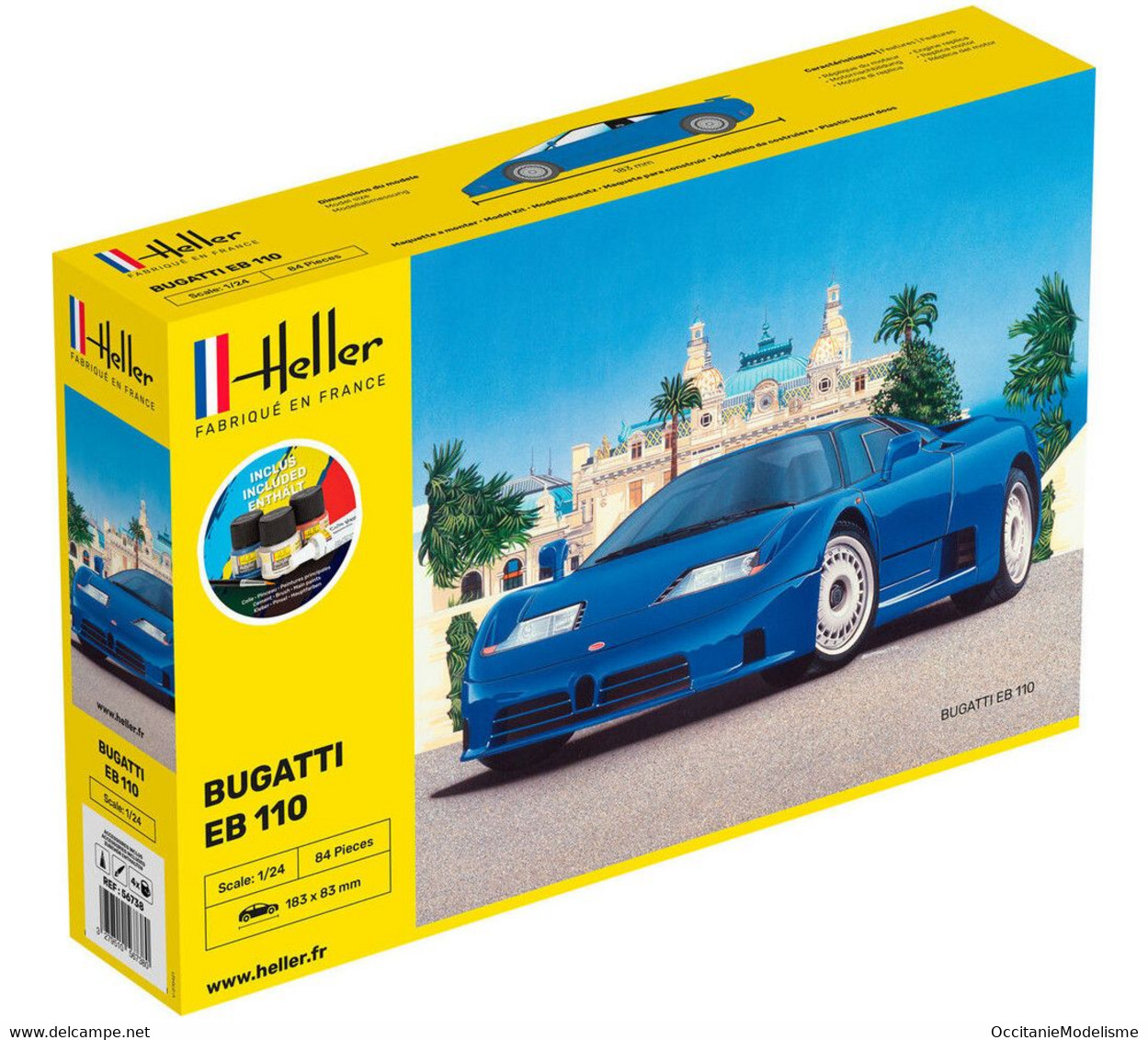 Heller - SET BUGATTI EB 110 Starter Kit + Peintures + Colle Maquette Kit Plastique Réf. 56738 NBO Neuf 1/24 - Cars