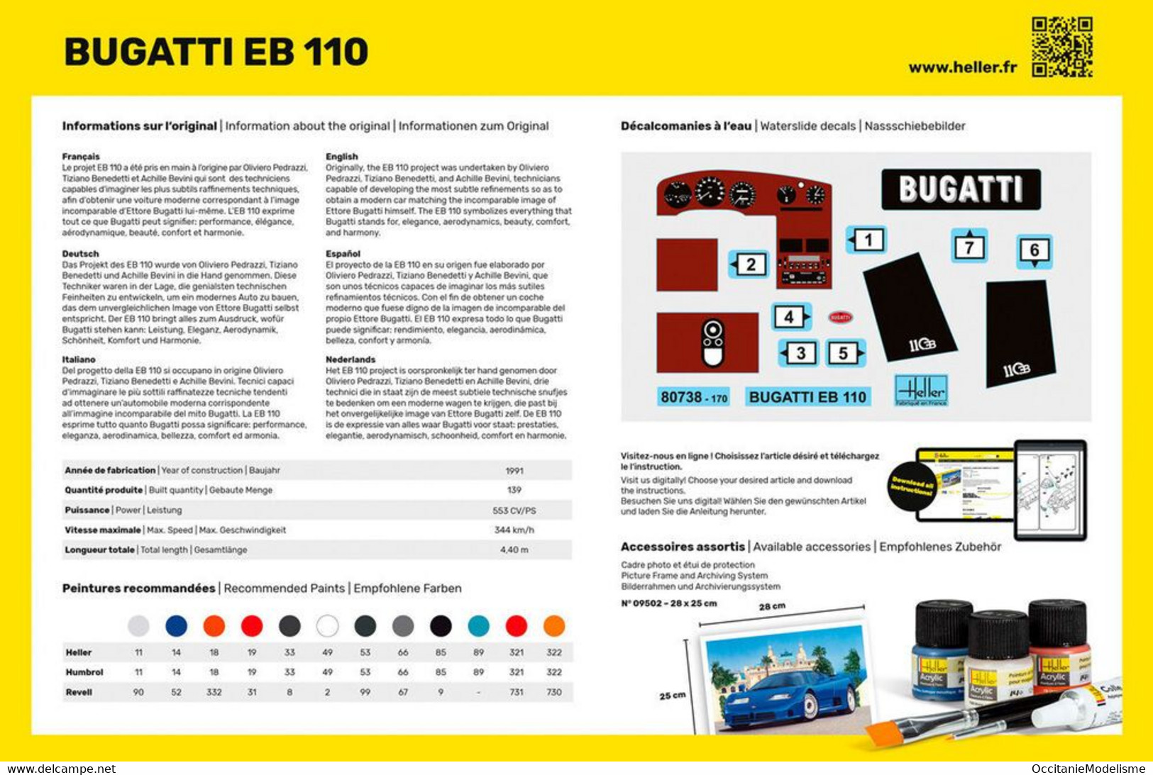 Heller - SET BUGATTI EB 110 Starter Kit + Peintures + Colle Maquette Kit Plastique Réf. 56738 NBO Neuf 1/24 - Cars