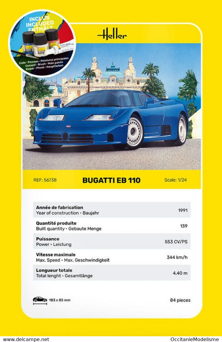 Heller - SET BUGATTI EB 110 Starter Kit + Peintures + Colle Maquette Kit Plastique Réf. 56738 NBO Neuf 1/24 - Autos